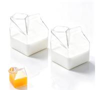 Beufee Milk Jug Set of 2, 250ml Glass Milk Carton Creamer Pitcher | Small Glass Pitcher Milk Carton Creamer Coffee Pitcher Juice Box Cute Clear Kawaii Square Juice Bottle for Home Outdoor Sport