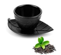 Beufee Tea Cup and Saucer Set, Cast Iron Tea Cup, 2PCS Tea Mugs Black Leaf Teacup Saucer Japanese Teacup with Leaves Shape Saucers Chinese Style 6.76oz/200ml