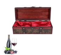 Beufee Wine Bottle Gift Box, European Retro Style Printed Pattern Wood Wine Box with Lid and Handle Single Bottle Holder for Drink Lover Birthdays