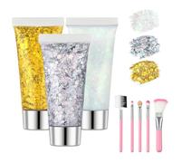 Beugo Body Glitter Gel Kit,3 x 16ml Mermaid Sequins Chunky Glitter Liquid Gel with 5 Pcs Brush, Sequins Shimmer Liquid Eyeshadow for Face Hair Nail DIY Art Festival Party（Gold + Silver + White）