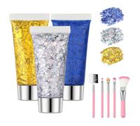 Beugo Body Glitter Gel Kit,3 x 16ml Mermaid Sequins Chunky Glitter Liquid Gel with 5 Pcs Brush, Sequins Shimmer Liquid Eyeshadow for Face Hair Nail DIY Art Festival Party（Gold + Silver + Blue）