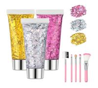Beugo Body Glitter Gel Kit,3 x 16ml Mermaid Sequins Chunky Glitter Liquid Gel with 5 Pcs Brush, Sequins Shimmer Liquid Eyeshadow for Face Hair Nail DIY Art Festival Party（Gold + Silver + Rose Red）