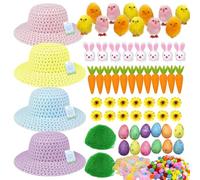 Beulahziba Mart Easter Bonnet Kit for Boys and Girls - 4X Make Your Own Bonnet Hats and Over 120 Pcs Easter Bonnet Decorations Kit - Bunny, Chicks, Eggs, Carrots, Flower, Pompoms, Feather, Grass