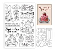 BEUNITONE 2 Pcs Teapot Teacup Clear Stamps Cut Dies for DIY Card Making Flowers Bread Dessert Ice Cream Words Transparent Silicone Stamp with Cut Die Set for Christmas Birthday Cards Making DIY
