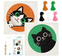 BEUNITONE 2Pcs Cute Cat Punch Needle Kit for Beginners, Starter Embroidery Kits with Frame & Instructions, Needle Felting Kit Poke Art for Adults DIY Craft, Handmade Decor
