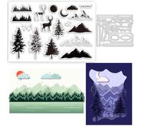BEUNITONE 2pcs Forest Clear Stamps and Die Set Sun Moon Die Cuts Tree Deer Rubber Stamp Bird Silicone Stamp Mountain Scene Stamps Frame Cutting Dies for DIY Scrapbooking Card Making Paper Craft