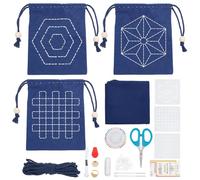 BEUNITONE 3 Set Sashiko Drawstring Bag Kit for Beginners DIY Embroidery Drawstring Navy Geometric Blue Embroidery Pattern Drawing Line Bag Kits for Starter Mini Drawstring Bag for Favors 7.87" x 6.3"