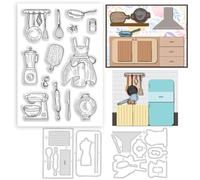 BEUNITONE 3pcs Kitchen Crocks Cutting Dies Set with Clear, Apron Silicone Stamps, Cake Blender Tool, Spatula Pan Templates, Embossing Stencils for DIY Scrapbooking Card Making