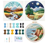 BEUNITONE 3PCS Landscape Punch Needle Kit for Adults Beginners, Complete Craft Kit Needlepoint Kits for Adults with Hoop, Punch Needle Starter Craft Set for Cloth Festival Gift and Home Decor 20X20CM