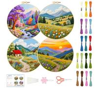BEUNITONE 4 Pack Beginner Embroidery Kit for Adults, Fairy Tale Nature Landscape Pre-Stamped Pattern Needlepoint Kits with Hoop, Tools & Instruction, Hand Embroidery Kits for Fabric and Home Decor