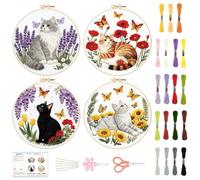 BEUNITONE 4 Set Embroidery Kit for Beginners, Cat and Butterfly Patterns Cross Stitch Kits, Needlepoint Kits for Adults with Hoop, Cute Hand Embroidery Patterns for Cloth and Home Decor
