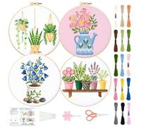BEUNITONE 4 Set Embroidery Kit for Beginners, Vase Plants Cross Stitch Kits, Needlepoint Kits for Adults with Instructions and Full Kit, Creative Hand Embroidery Patterns for Cloth and Home Decor