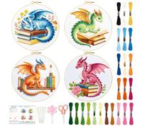 BEUNITONE 4 Set Embroidery Kits for Beginners with Dragon Pre-Print Patterns, DIY Craft Kits Include Instructions and 2 Embroidery Hoops, Cross Stitch Needlepoint Kits for Craft Lover and Home Decor