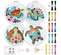 BEUNITONE 4 Sets Sea Turtle Embroidery Kits for Beginners DIY Cross Stitch Craft Kits for Adults with Printed Patterns and Embroidery Hoops, Cross Stitch Supplies for Clothing and Home Decor