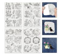 BEUNITONE 4PCS Cats and Plants Water Soluble Embroidery Stabilizers Hand Sewing Stabilizers for Embroidery Water Soluble Stick and Stitch Embroidery Paper with Flower and Cats Pattern