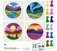 BEUNITONE 4PCS Landscape Punch Needle Kit for Adults Beginners, Complete DIY Craft Needlepoint Kits with Hoop, Punch Needle Starter Craft Embroidery Set for Festival Gift and Home Decor 20x20cm