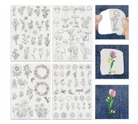 BEUNITONE 4PCS Plants Flowers Mushrooms Water Soluble Embroidery Stabilizers Water Soluble Stick and Stitch Embroidery Paper with Flowers Mushrooms Plants Pattern