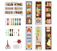 BEUNITONE 6 Pcs Cross Stitch Bookmark Kit for Adult Beginners Book Mark Embroidery Kits Book Read Life Stamped Embroidery with Instructions DIY Stamped Embroidery Kits for Bag Decor 2.4x7.9 in