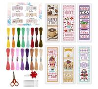 BEUNITONE 6 Pcs Cross Stitch Bookmark Kit for Beginner Coffee and Sweet Time Theme Hand Embroidery Kit with Instruction Tea Stamped Embroidery Bookmarks Handmade for DIY Crafts Book Lovers 8.5''x3''