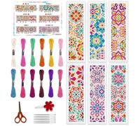 BEUNITONE 6 Pcs Mandala Cross Stitch Bookmark Kits for Beginners DIY Stamped Embroidery Bookmark Kit Colorful Floral Punch Needle Set with Instructions Craft Kit for Book Lover Gifts 8''x2.4''