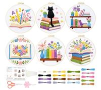 BEUNITONE 6 Set Embroidery Kit for Beginner Adults, Books & Flowers Cross Stitch Set with Stamped Pattern Hoops Threads Cloth Needles, Embroidery Starter Kit for Gifting and Home Decoration