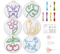 BEUNITONE Abstract Animal Embroidery Kit, 6PC Modern Line Art Cross Stitch Set with Hoops, Threads, DIY Craft for Adults Beginners, Home Decor