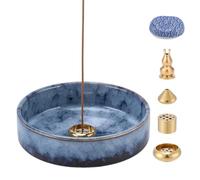 BEUNITONE Blue Ceramic Incense Holder, 6in1 Incense Tray for Sticks,Coil,Cone,Sage,Palo Santo, Copper Ceramic Round Incense Burner Tray Room Ambiance for Yoga Meditation and Room Decor