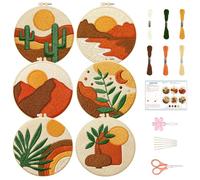 BEUNITONE Bohemian Embroidery Kit for Beginners, 6-Piece Stamped Cross Stitch Craft with Landscape, Sun, Moon, Leaves, Vase Designs, Complete DIY Set for Relaxing Creative Fun