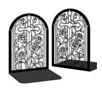 BEUNITONE Bookends for Shelves, 2 Pcs Rose Flower Sword Design Book Ends Metal Decorative Bookends for Home Office and Library, Black
