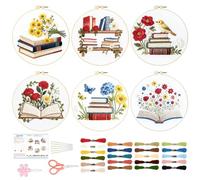 BEUNITONE Books Flowers Embroidery Kit, 6PC Literary Themed Cross Stitch Set for Book Lovers, Reading Hobby DIY Craft, Unique Home Decor Gift Idea
