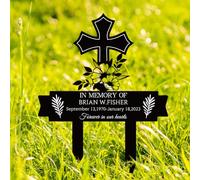 BEUNITONE Cross Memorial Grave Markers Flower Metal Stakes Grave Plaque Stake Marker 10.6X13.7 Forever in Our Heart Sympathy Garden Stake Remembrance Plaque Stake Sign for Cemetery Outdoor Decor