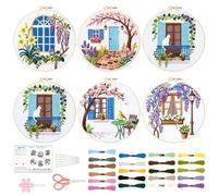 BEUNITONE Windows Flowers Embroidery Kit, 6PC Vintage Garden Scene with Birds Cat, Cottage Core Cross Stitch Set for Adults Beginners, DIY Home Decor Gift