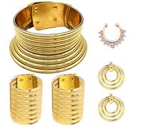 Beupy 6 Pieces Gold African National Tribal Costume Accessories Set Long Neck Collar Necklaces Metal Bracelet Gothic Chunky Nose Hoop Chain Swirl Earrings African Jewelry Set for Women
