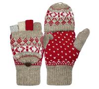 Beurlike Winter Fingerless Gloves Mittens for Women Men Warm Wool Knitted Convertible Flip Top Mittens Cold Weather, Zkhaki Red, One Size