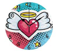 BEUSS Art Heart Wings Pop Circular Wall Clock Round Plate Silent Non Ticking Clock for Kitchen Bedroom Home Office School Kid Boys Girls Decor