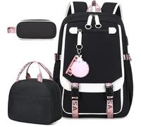 Bevalsa School Backpack for Girls, Girls Backpack with Lunch Box, Bookbag for Kids Elementary Middle Student, Black White, M, Backpack