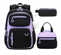 Bevalsa School Backpack Girls Teenager School Bag with Lunch Bag and Pencil Case, Leisure Backpack Large Waterproof School Bag Backpack Casual Daypacks for Children Women, black violet, L