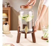 Beverage Dispenser with Wood Stand and Lid, Drink Dispenser with Spigot, Glass Liquid Containers, Wide Mouth Beverage Server for Juice Tea Wedding(5L)