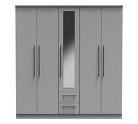 Beverley Tall Mirror Wardrobe Grey 5 Doors 2 Shelves 2 Drawers 196cm