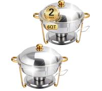 Beviliu 6.8 Litre Chafing Dish Buffet Set, 2 Pack 6QT Round Chafing Dishes & Food Warmers, Gold Chafing Dishe for Buffet, Stainless Steel Chafer for Catering Lid & Lid Holder, Food Warmers for Partie