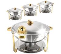 Beviliu 9 Litre Chafing Dish Buffet Set, 4 Pack 8QT Round Chafing Dishes & Food Warmers, Gold Chafing Dishe for Buffet, Stainless Steel Chafer for Catering Lid & Lid Holder, Food Warmers for Partie