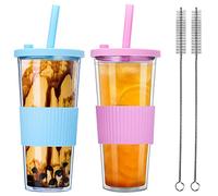 BEVKAF 2 Pack Reusable Boba Tea Cups, 24oz Leakproof Double Wall Smoothie Tumbler, Iced Coffee Cup, Wide Straw for Bubble Tea (Blue & Pink)