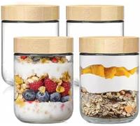 BEVKAF Overnight Oats Containers with Bamboo Lids, Glass jars with Airtight Lids, Wide mouth Mason Salad jars, Glass Food Storage Containers for Snacks Yogurt Spice Sugar pots (480ml)