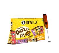 Bevzilla 24 Coffee Sachets & Frother (24 X 2 Gram Sachets) | 6 Pouches Each Flavour | Café Coffee Kit | Classic, Hazelnut, Vanilla & Butterscotch | Arabica Beans | Enjoy Hot & Cold