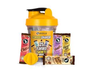 Bevzilla 25 Assorted Instant Coffee Sachets & Bottle Pack | 2g Coffee Each Pouch | BPA Free Shaker 500 Ml For Office, School, Gym, College | Perfact For Espresso, Latte, Cappuccino | Enjoy Hot & Cold