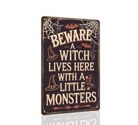 Beware a Witch Lives Here With a Little Monsters Halloween Metal Tin Sign, Vintage Rustic Wall Decor For Home, Kitchen, Entryway, Farmhouse Decorative Signs & Plaques 8x12 Inch