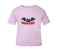 Beware Bats Halloween Statement Short Sleeve Cotton Kids t Shirt, 2-3 Years, Pastel Pink