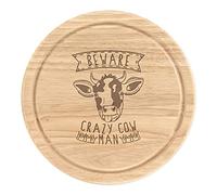 Beware Crazy Cow Man Wooden Chopping Cheese Board Round 25cm