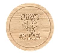 Beware Crazy Elephant Girl Wooden Chopping Cheese Board Round 25cm