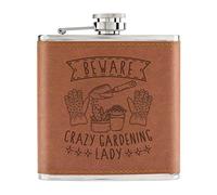 Beware Crazy Gardening Lady 6oz PU Leather Hip Flask Tan